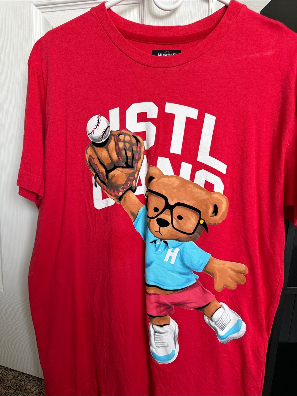 Hustle Gang Red Tee with Bear Graphic